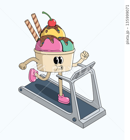 ice cream cup treadmill groovy cartoon illustration 135999071