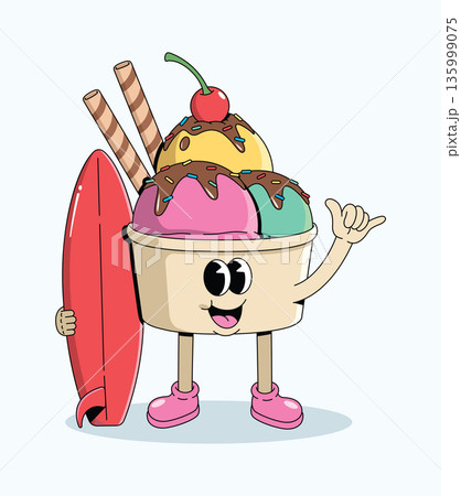 ice cream cup surf shaka groovy cartoon illustration 135999075