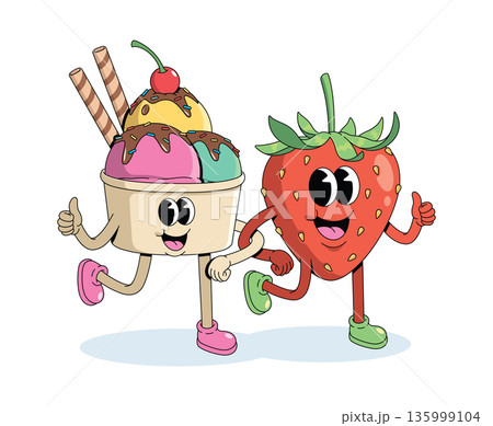 ice cream cup and strawberry groovy cartoon illustration ice cream cup and strawberry groovy cartoon illustration 135999104