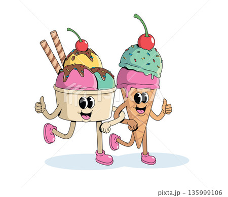 ice cream cup and ice cream cone groovy cartoon illustration 135999106