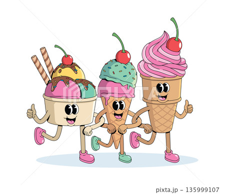 ice cream cup and cone walk together groovy cartoon illustration 135999107