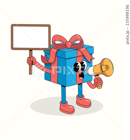 gift box megaphone groovy cartoon illustration 135999198