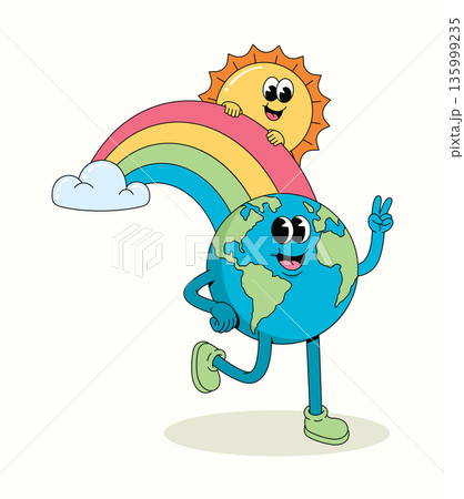 earth rainbow groovy cartoon illustration 135999235