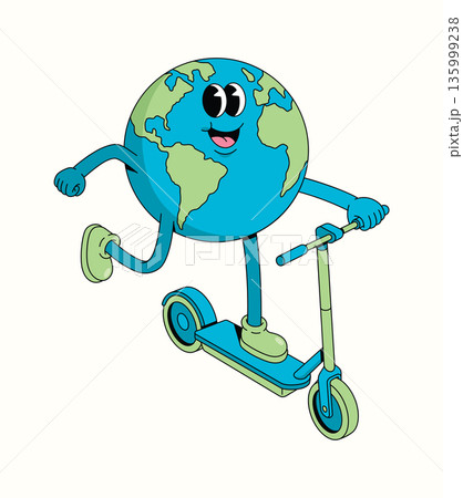 earth kick scooter groovy cartoon illustration earth kick scooter groovy cartoon illustration 135999238