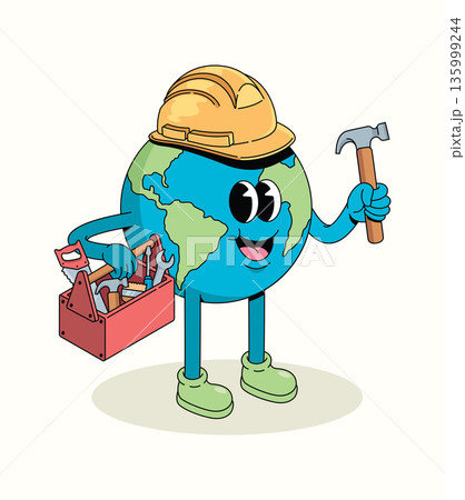earth builder groovy cartoon illustration 135999244