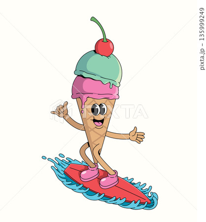 colorful ice cream surf style groovy cartoon illustration colorful ice cream surf style groovy cartoon illustration 135999249