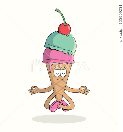 colorful ice cream meditation groovy cartoon illustration 135999251