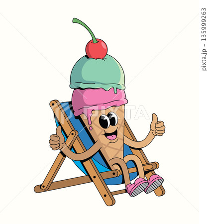 colorful ice cream cone relaxing on chair groovy cartoon illustration 135999263