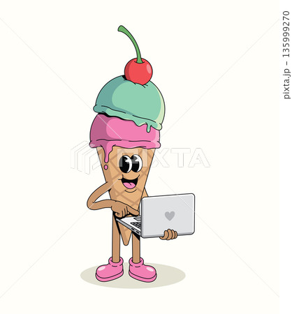 colorful ice cream cone laptop groovy cartoon illustration 135999270