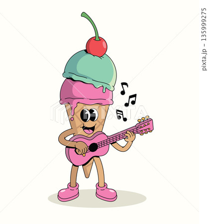 colorful ice cream cone guitar groovy cartoon illustration 135999275