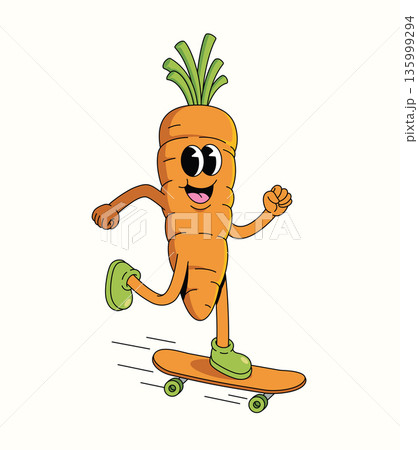 carrot skateboard walk groovy cartoon illustration 135999294
