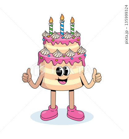 birthday cake thumbs up groovy cartoon illustration 135999324