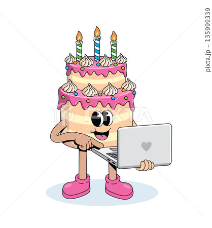 birthday cake laptop groovy cartoon illustration birthday cake laptop groovy cartoon illustration 135999339