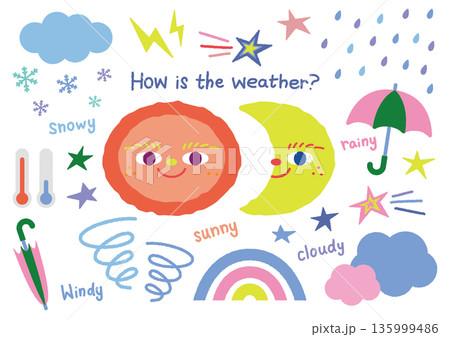 パステルカラーでかわいい天気のイラストセット パステルカラーでかわいい天気のイラストセット 135999486