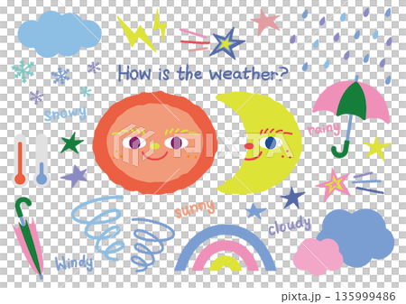パステルカラーでかわいい天気のイラストセット パステルカラーでかわいい天気のイラストセット 135999486