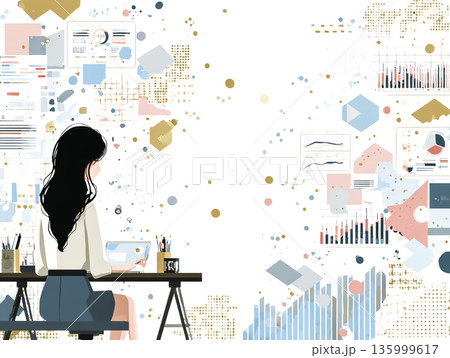AIデータ可視化で学ぶ女性|インフォグラフィックと未来教育のイメージイラスト AIデータ可視化で学ぶ女性|インフォグラフィックと未来教育のイメージイラスト 135999617