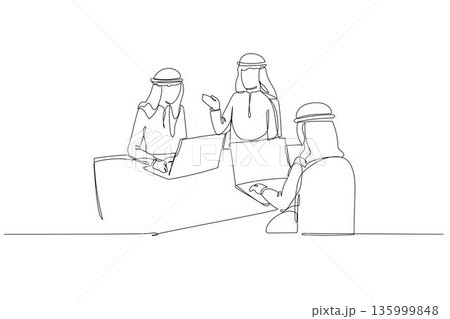 Continuous one line drawing three Arab businessmen working together in office. Professionals focused on their laptops and technological advancement. Single line draw design vector graphic illustration 135999848