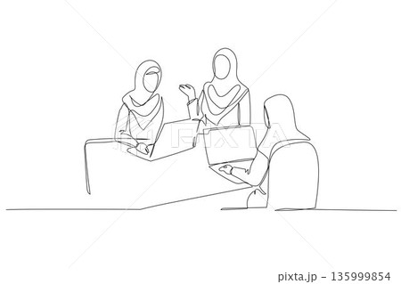 Single continuous line drawing three Arab women in hijabs collaborating at meeting table. Professional discussion and diverse female teamwork. Dynamic one line draw graphic design vector illustration Single continuous line drawing three Arab women in hijabs collaborating at meeting table. Professional discussion and diverse female teamwork. Dynamic one line draw graphic design vector illustration 135999854