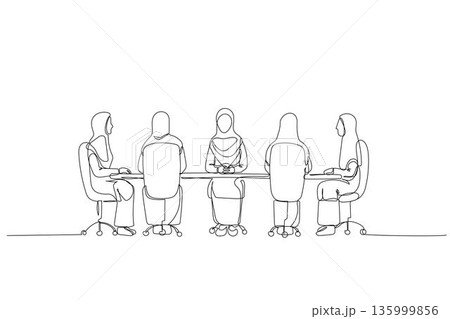 Single continuous line drawing five Arab women wearing hijabs in a corporate meeting, highlighting professional female collaboration, diverse teamwork. One line draw graphic design vector illustration Single continuous line drawing five Arab women wearing hijabs in a corporate meeting, highlighting professional female collaboration, diverse teamwork. One line draw graphic design vector illustration 135999856