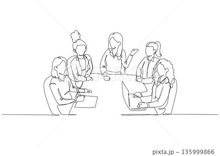 Continuous one line drawing five women engaged in strategic conference. Central figure lead conversation while colleagues focus on laptop and notes. Single line draw design vector graphic illustration Continuous one line drawing five women engaged in strategic conference. Central figure lead conversation while colleagues focus on laptop and notes. Single line draw design vector graphic illustration 135999866