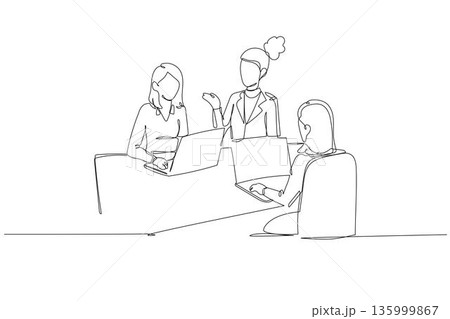 Continuous one line drawing three professional women working together at desk with laptop. Modern technology use, partnership in office environment. Single line draw design vector graphic illustration 135999867