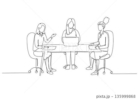 Continuous one line drawing three professional women collaborating at desk with laptop. Female colleagues engaged in a focused business discussion. Single line draw design vector graphic illustration 135999868