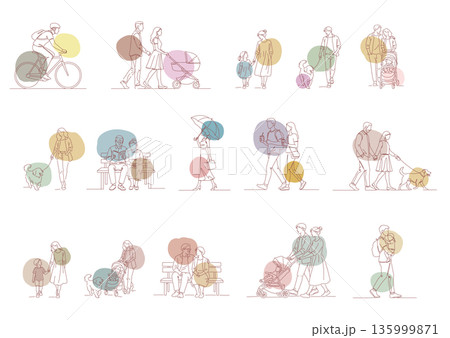 日常生活を歩く人々のミニマル線画イラストセット 135999871