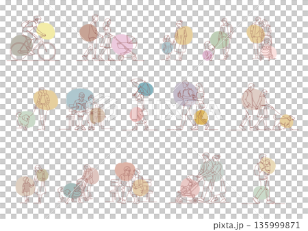 日常生活を歩く人々のミニマル線画イラストセット 135999871