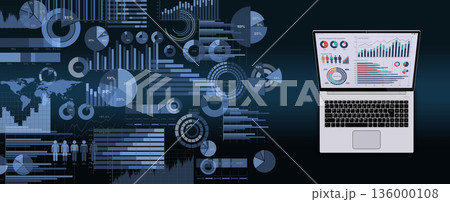ビジネスデータを表示するノートPCと様々なグラフやチャート、ビジネスデータを分析・検討するイメージ 136000108
