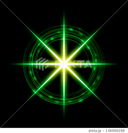 緑色に輝く星の光と円形の近未来的なテクノロジーエフェクト 136000286