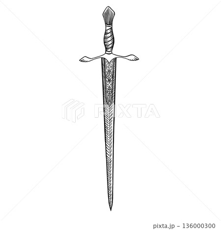 Medieval sword vector illustration on a white background. Sketch of knightly weapons. Black and white. For design and print Medieval sword vector illustration on a white background. Sketch of knightly weapons. Black and white. For design and print 136000300