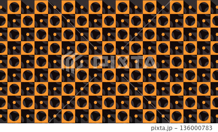 3D illustration of dark tiles featuring central spheres and orange highlights, creating structured pattern background with optical illusion and spatial contrast. 3D illustration of dark tiles featuring central spheres and orange highlights, creating structured pattern background with optical illusion and spatial contrast. 136000783