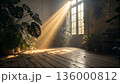 Cinematic Rustic Wood Floor with Dramatic Golden God Rays and Lush Green Monstera Foliage 136000812