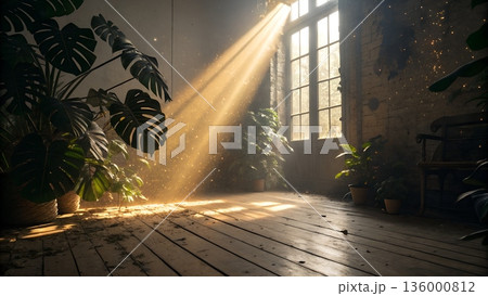 Cinematic Rustic Wood Floor with Dramatic Golden God Rays and Lush Green Monstera Foliage 136000812