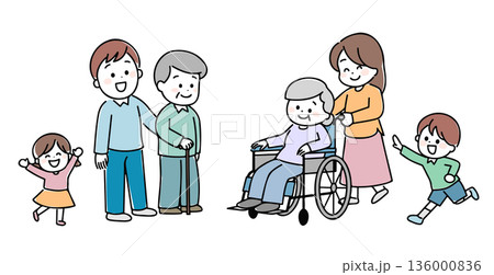 笑顔で楽しそうな三世代家族　手描き風 136000836