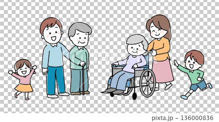 笑顔で楽しそうな三世代家族　手描き風 136000836