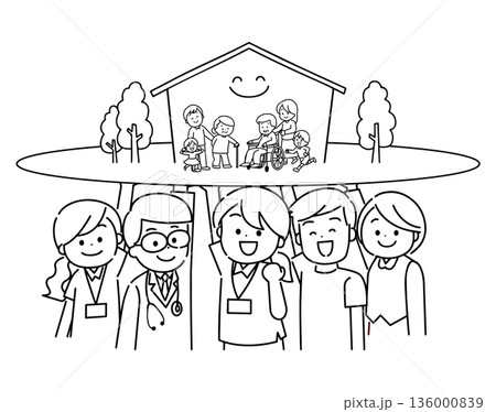 地域で暮らす家族を支える在宅医療チームの人々　線画 136000839