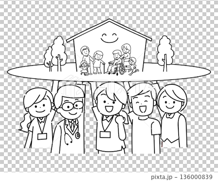 地域で暮らす家族を支える在宅医療チームの人々　線画 136000839