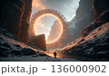Epic Low Angle View of a Colossal Glowing Sci-Fi Ring Gate Over a Snowy Canyon with Lone Explorer 136000902