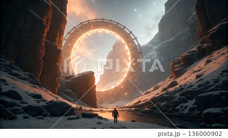 Epic Low Angle View of a Colossal Glowing Sci-Fi Ring Gate Over a Snowy Canyon with Lone Explorer 136000902