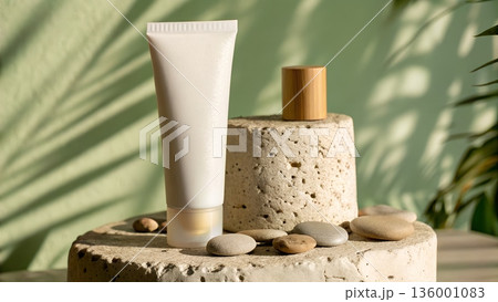 White Matte Cosmetic Tube on Limestone Pedestal with Wood Cap and Dappled Golden Hour Lighting 136001083