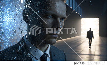 Futuristic Portrait of a Man Shattering into Blue Digital Cubes and Data Streams in a High-Tech Void 136001105
