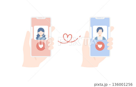スマホのマッチングアプリで知り合った男女のベクターイラスト 。婚活･恋活･カップル成立･赤い糸  136001256