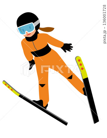 ウインタースポーツの試合に挑む女子のイラスト・スキージャンプ01 136001728