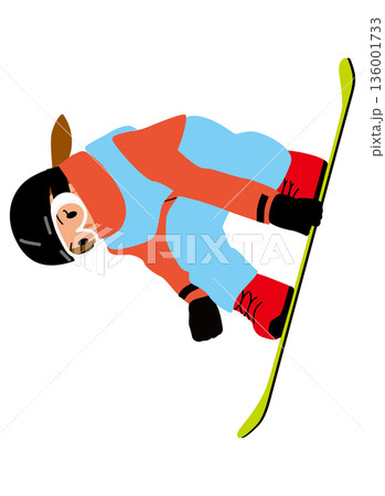 ウインタースポーツの試合に挑む女子のイラスト・スノーボードビッグエア02  136001733