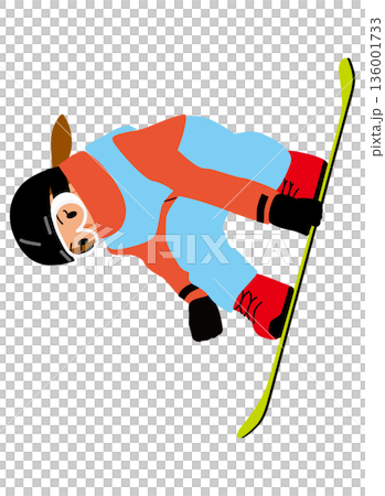 ウインタースポーツの試合に挑む女子のイラスト・スノーボードビッグエア02  136001733