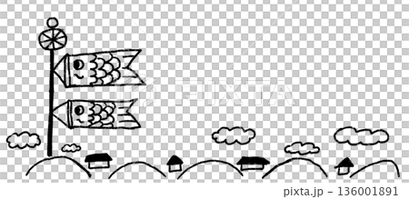 單色線條畫：手繪鯉魚彩帶和天空插圖。適用於兒童信件和公告。 136001891