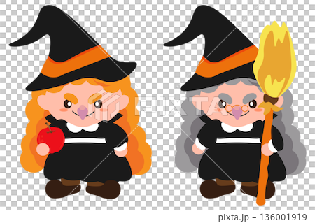 插圖：一位女巫拿著蘋果，一位女巫拿著掃帚。 136001919