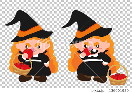 女巫拿著蘋果和女巫咬蘋果的插圖 136001920
