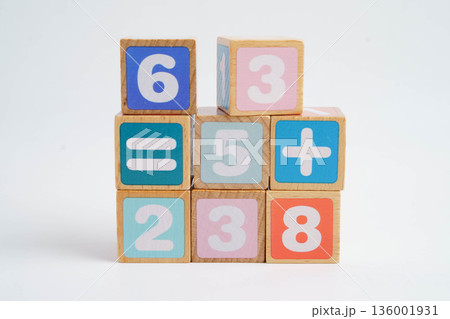 Number wood block cubes for learning Mathematic, education math concept. 136001931